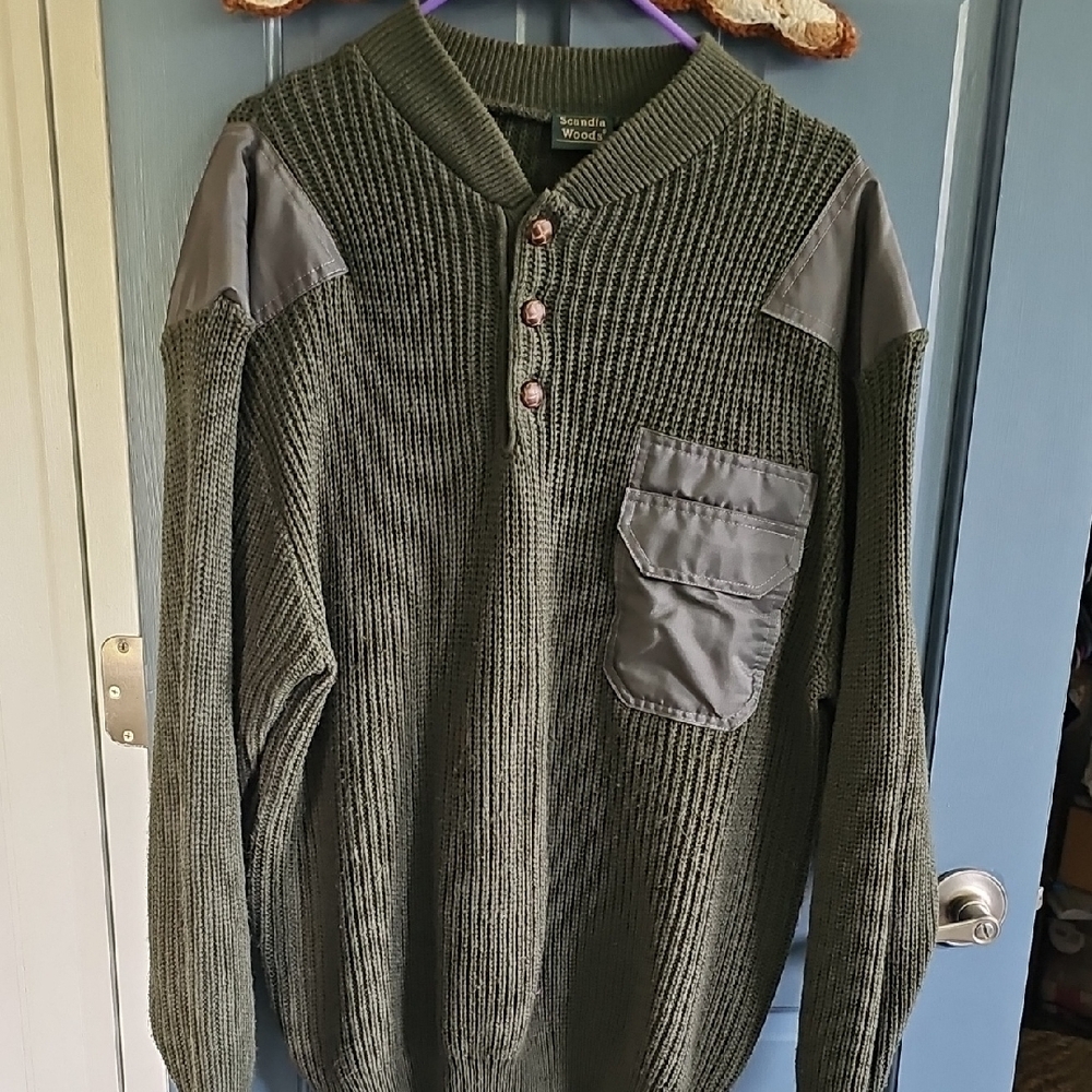VINTAGE Scandia Woods Men Military Green Sweater Pocket Detail Men Xl 80s Retro